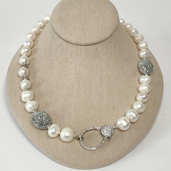 Vintage Jewelry - Real 14mm Pearl Necklace Large CZ Clasp Pave Crystal 21" Hand Knotted Chunky VTG